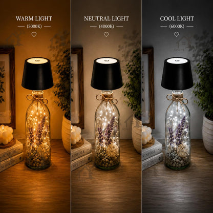 ANKRI Wireless Bottle Lamp LED 3 Colour Light Battery Desk Dimming Night Light Indoor Portable for Cafe Restaurant Home Living Room | 15 cm | Black | Long Lasting Battery