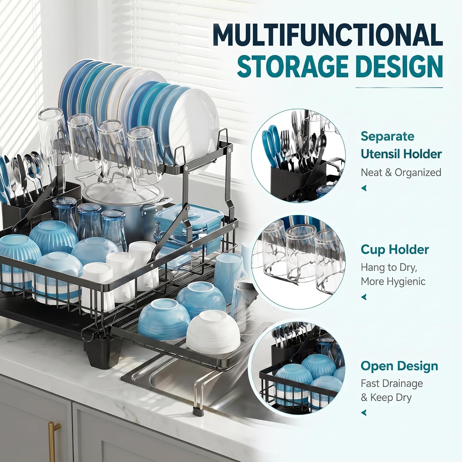 COMFYHOME Double-Layer Pull-Out Iron Dish Drain Rack: Saves Space, Includes Cup Holder, Drain Board, Cutlery Rack Suitable for Pots, Pans, Cups, Cutlery