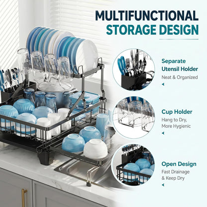 COMFYHOME Double-Layer Pull-Out Iron Dish Drain Rack: Saves Space, Includes Cup Holder, Drain Board, Cutlery Rack Suitable for Pots, Pans, Cups, Cutlery