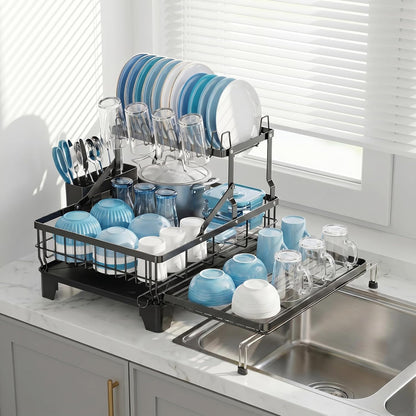 COMFYHOME Double-Layer Pull-Out Iron Dish Drain Rack: Saves Space, Includes Cup Holder, Drain Board, Cutlery Rack Suitable for Pots, Pans, Cups, Cutlery