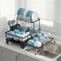 COMFYHOME Double-Layer Pull-Out Iron Dish Drain Rack: Saves Space, Includes Cup Holder, Drain Board, Cutlery Rack Suitable for Pots, Pans, Cups, Cutlery