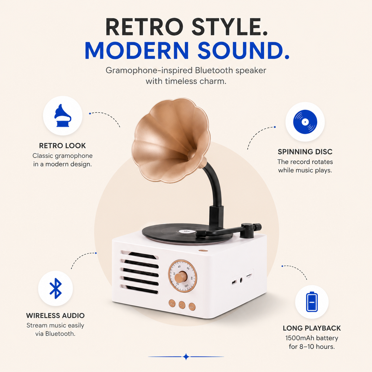 White Retro Gramophone Bluetooth Speaker with FM Radio