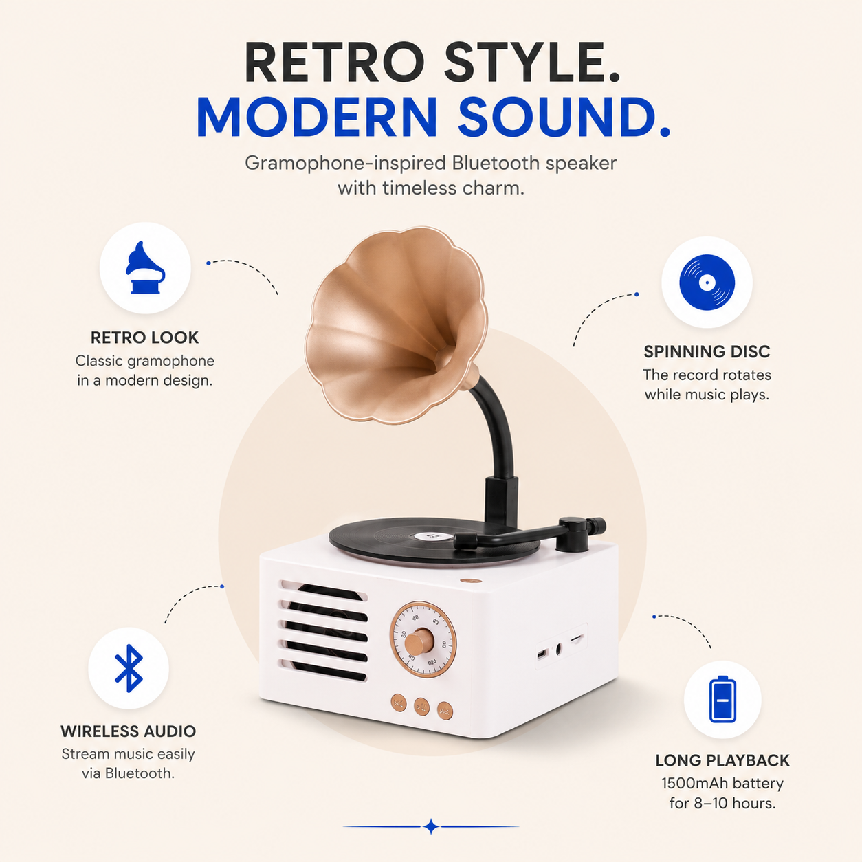 White Retro Gramophone Bluetooth Speaker with FM Radio
