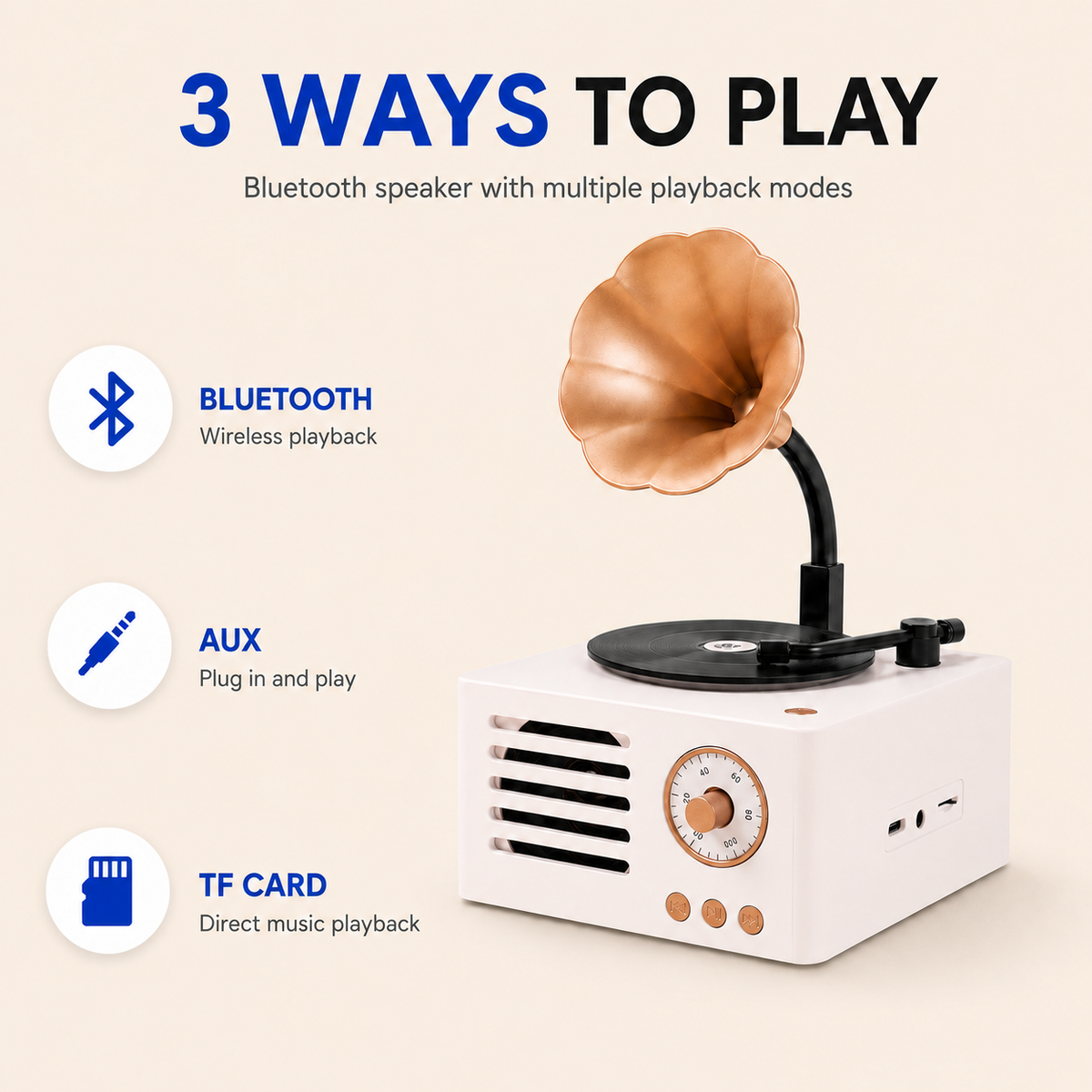 White Retro Gramophone Bluetooth Speaker with FM Radio